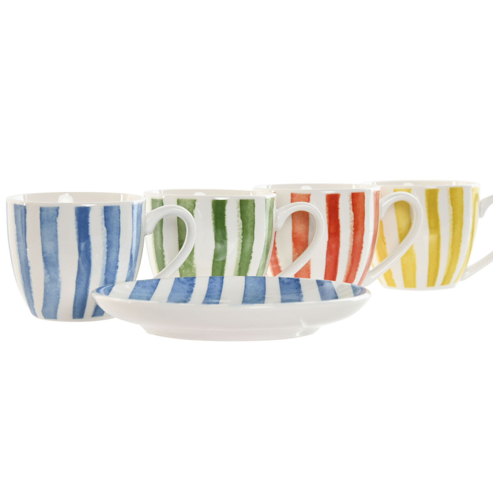 Set of 6 Cups with Plate Home ESPRIT Yellow Blue Green Coral Porcelain Stripes Mediterranean 90 ml