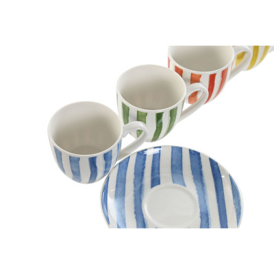 Set of 6 Cups with Plate Home ESPRIT Yellow Blue Green Coral Porcelain Stripes Mediterranean 90 ml