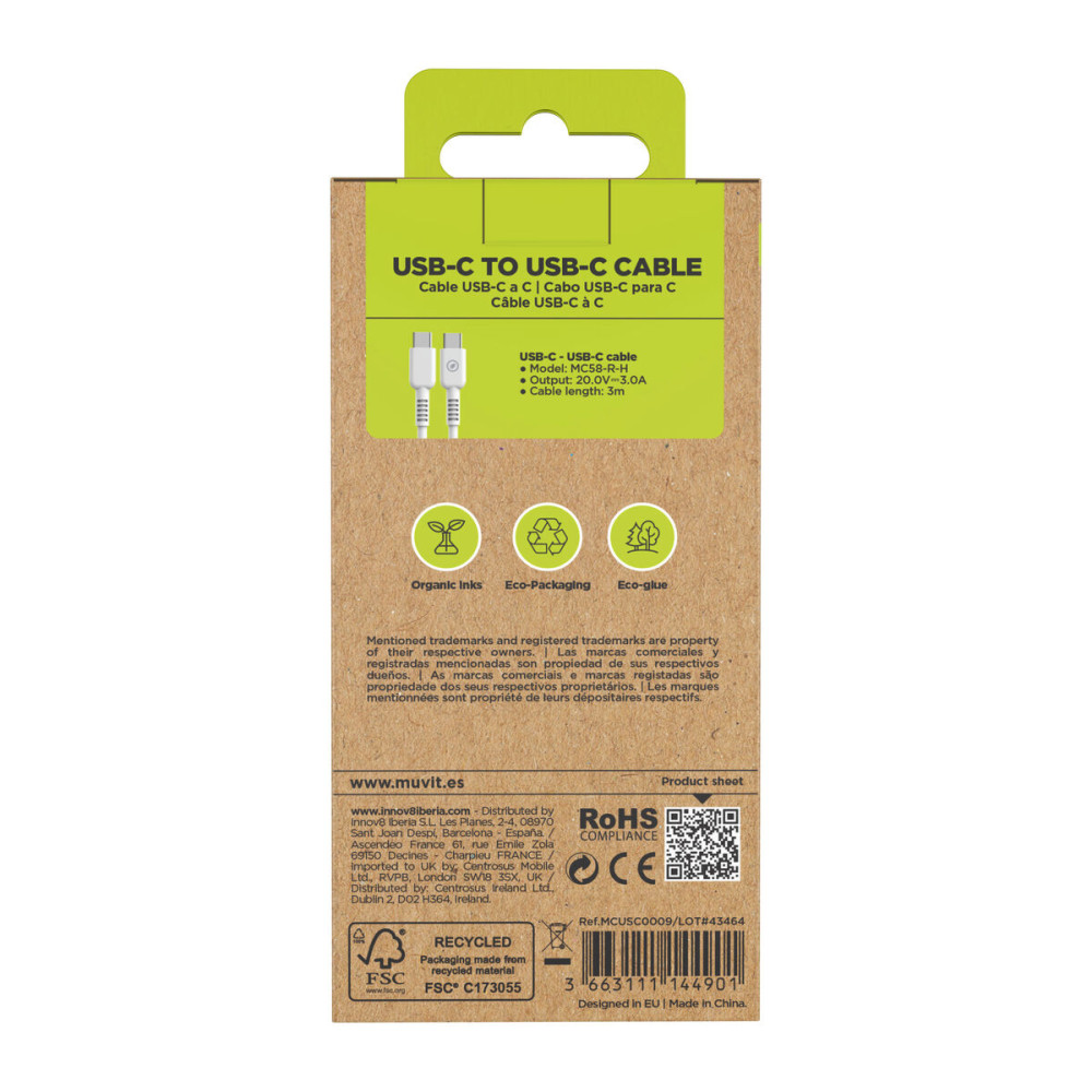 USB-C to USB-C Cable Muvit for Change White 3 m