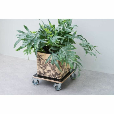 Flowerpot Standt with Wheels Nature Black Wood 38 x 38 cm
