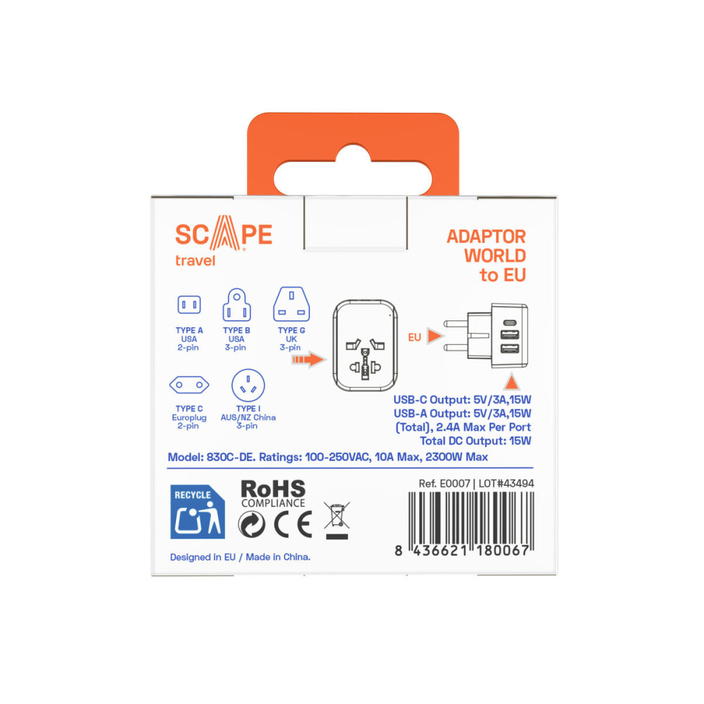 Plug adapter Scape Travel 830C-DE Plastic