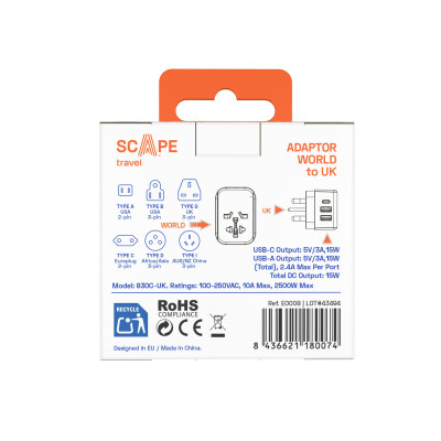 Plug adapter Scape Travel 830C-UK Plastic 150 W