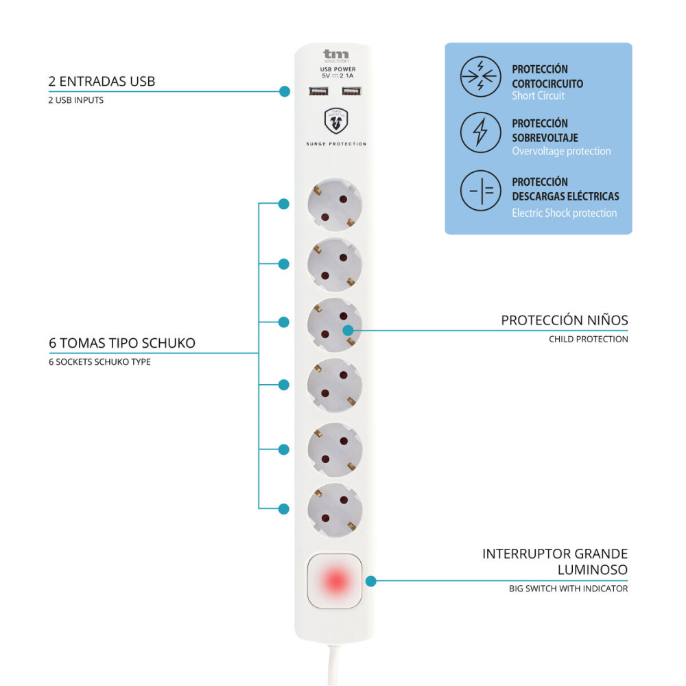Power Socket - 6 Sockets with Switch TM Electron TMUAD306