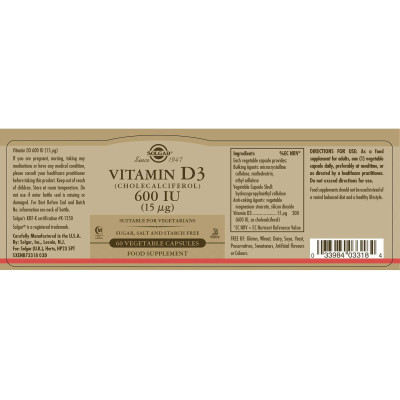 Vitamin D3 (Cholecalciferol) Solgar 600 iu 60 Capsules