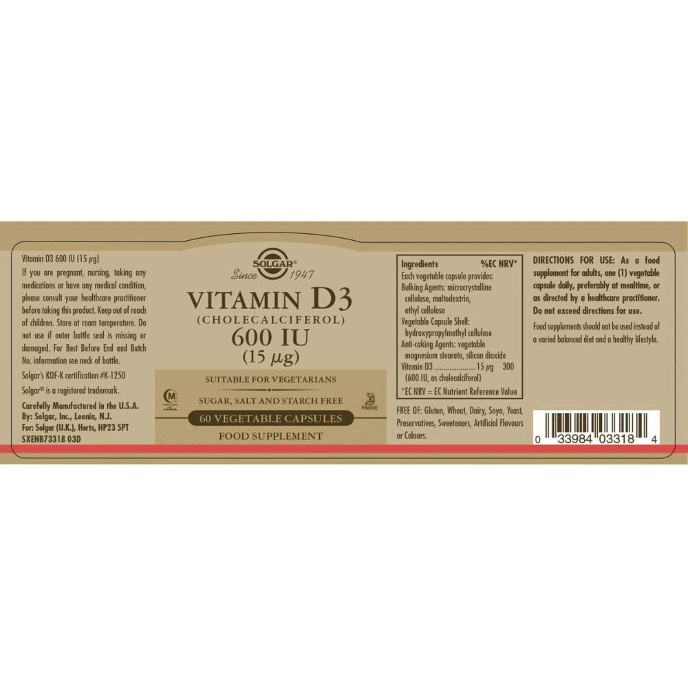 Vitamin D3 (Cholecalciferol) Solgar 600 iu 60 Capsules
