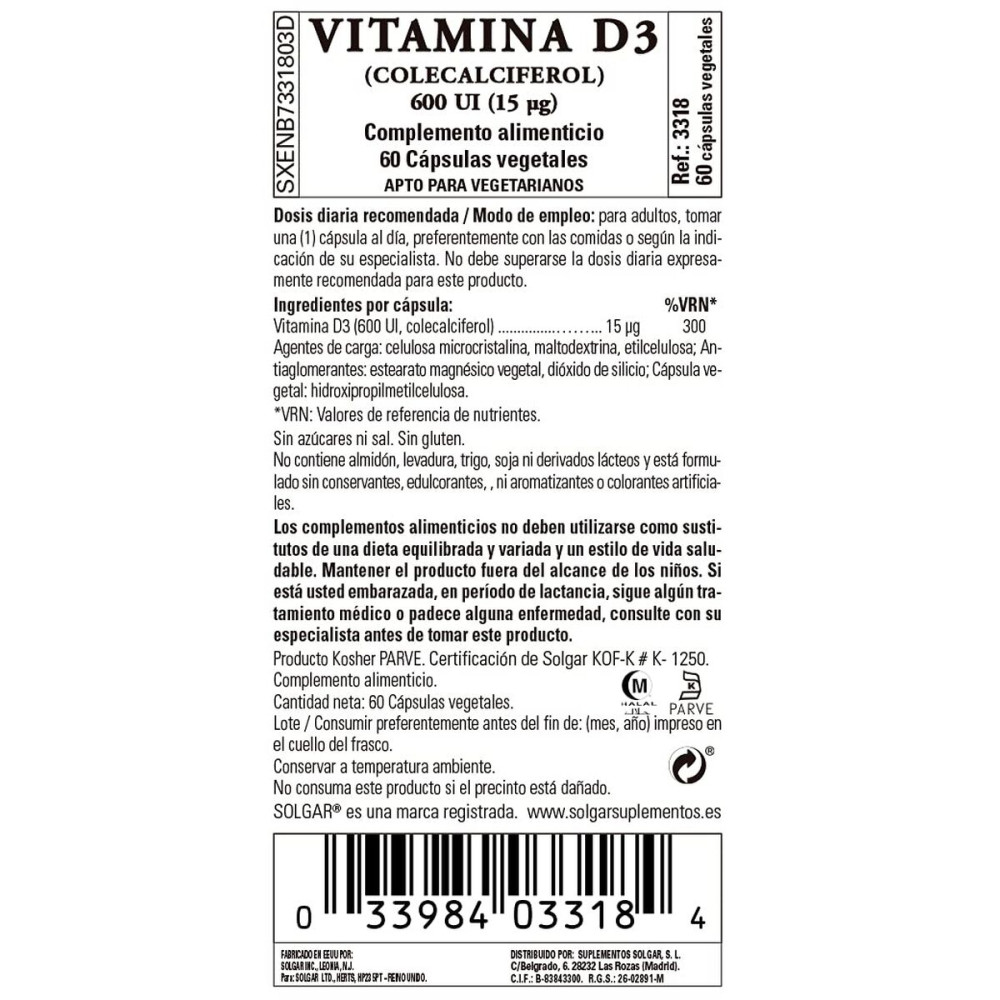 Vitamin D3 (Cholecalciferol) Solgar 600 iu 60 Capsules
