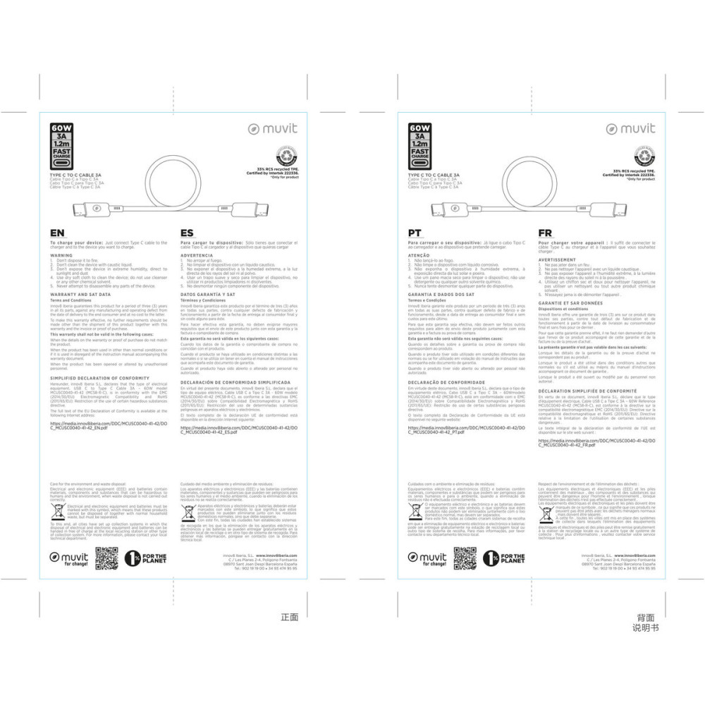 USB-C to USB-C Cable Muvit for Change Magenta 1,2 m