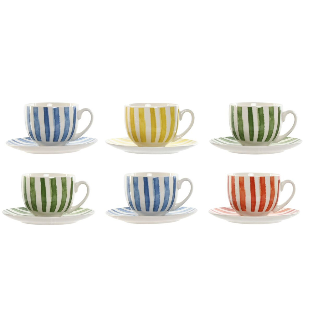 Set of 6 Cups with Plate Home ESPRIT Yellow Blue Green Coral Porcelain Stripes Mediterranean 240 ml