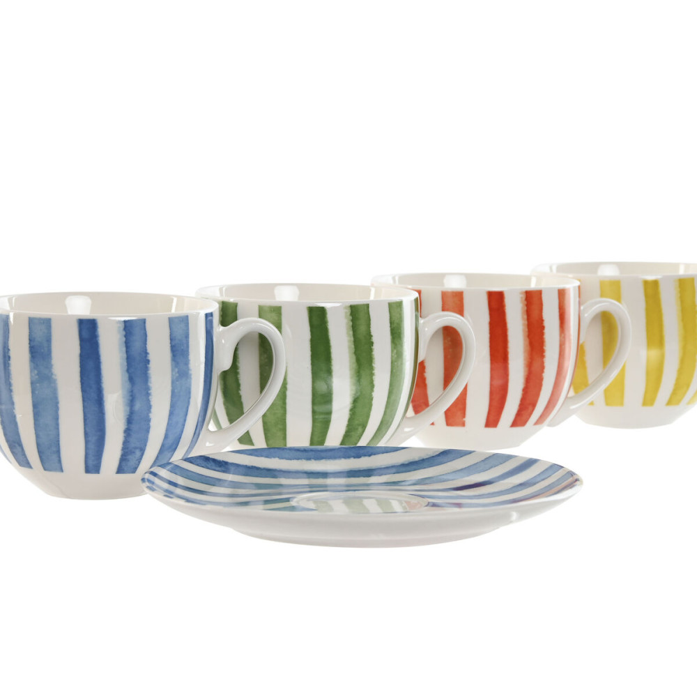 Set of 6 Cups with Plate Home ESPRIT Yellow Blue Green Coral Porcelain Stripes Mediterranean 240 ml