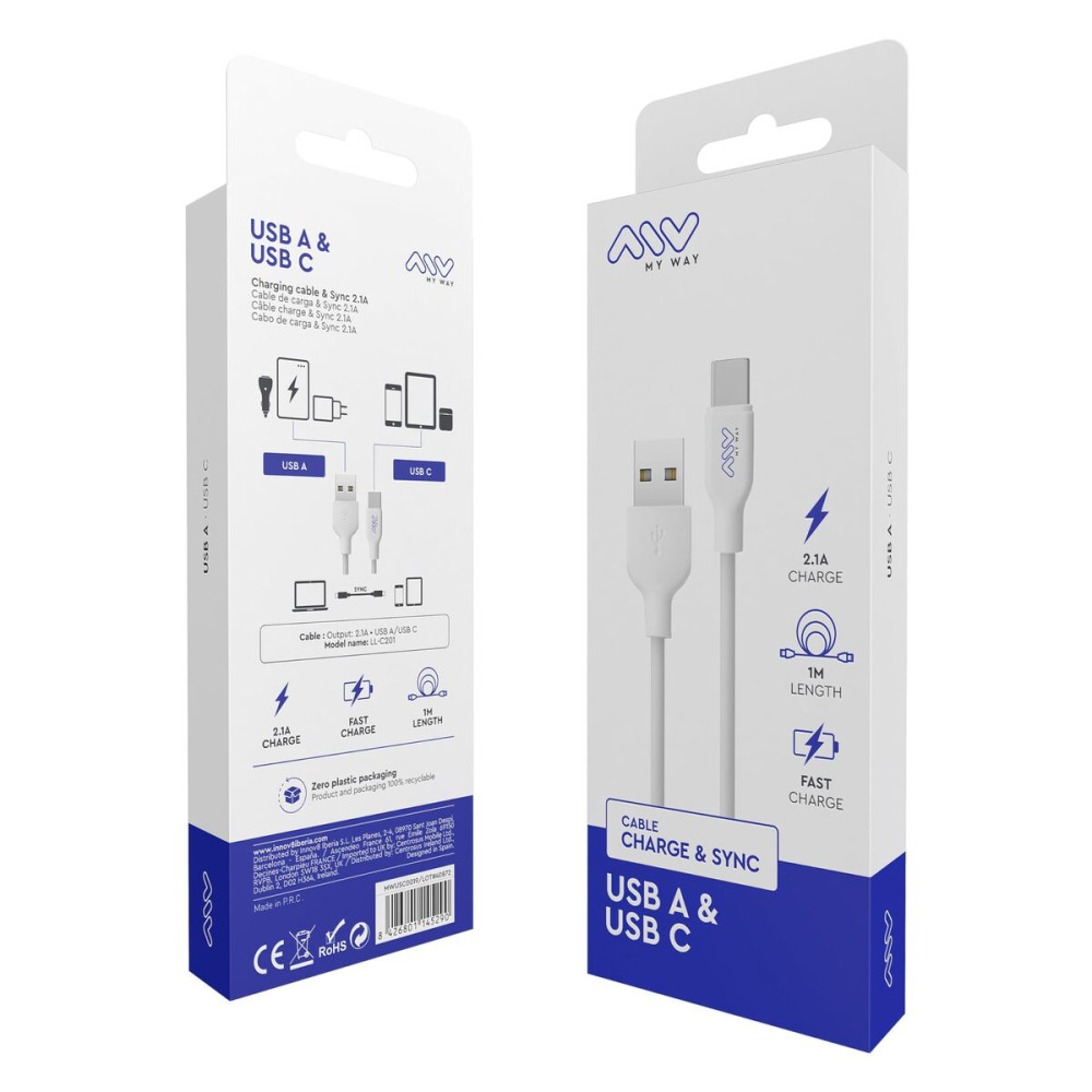 USB A to USB-C Cable Myway White Black 1 m