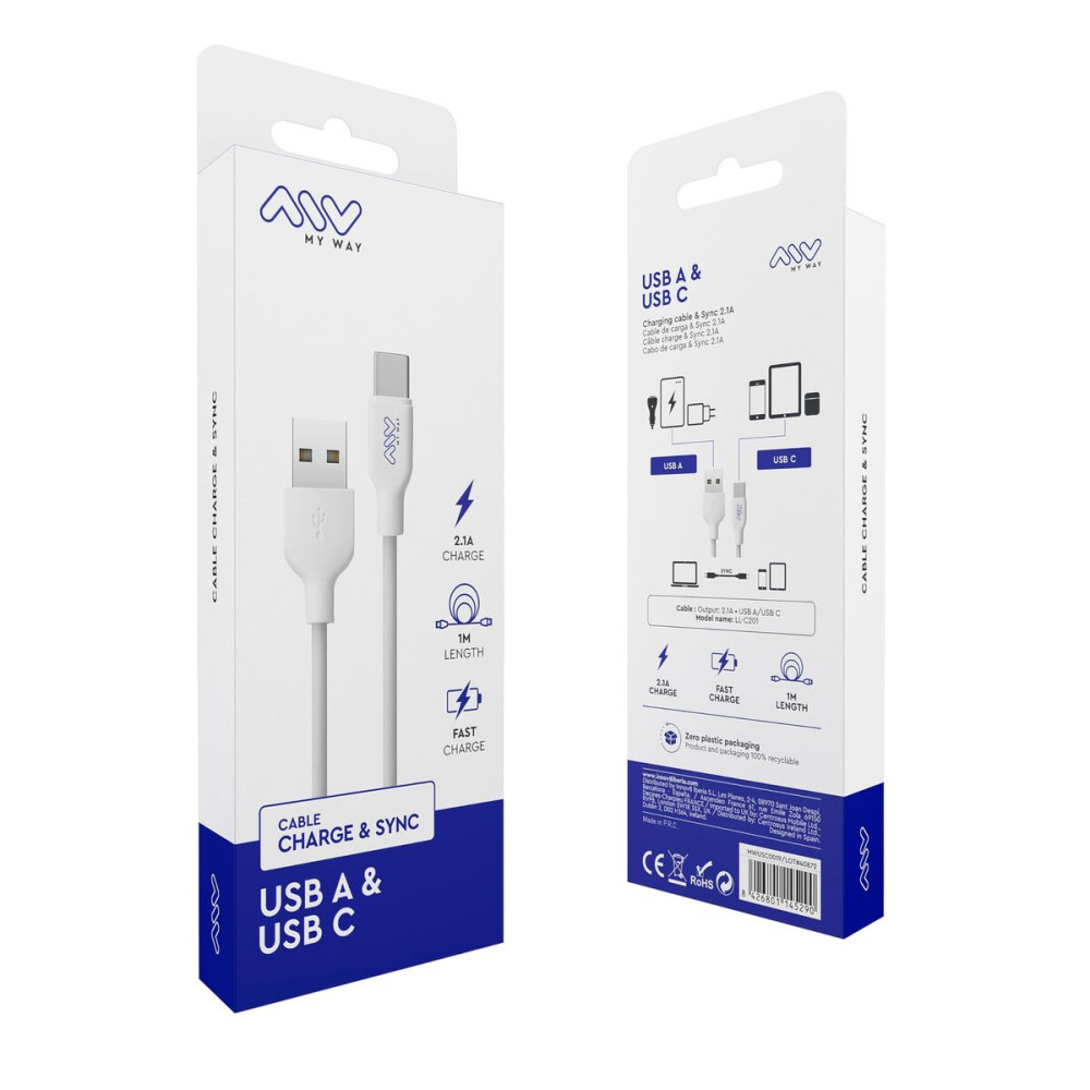 USB A to USB-C Cable Myway White Black 1 m